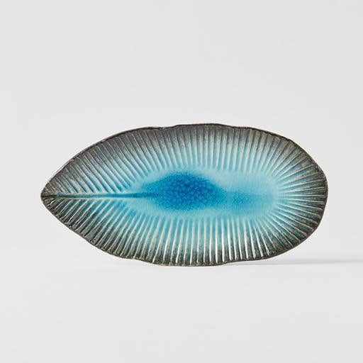 Oval Plate Leaf Shape 21cm Sky Blue Glaze