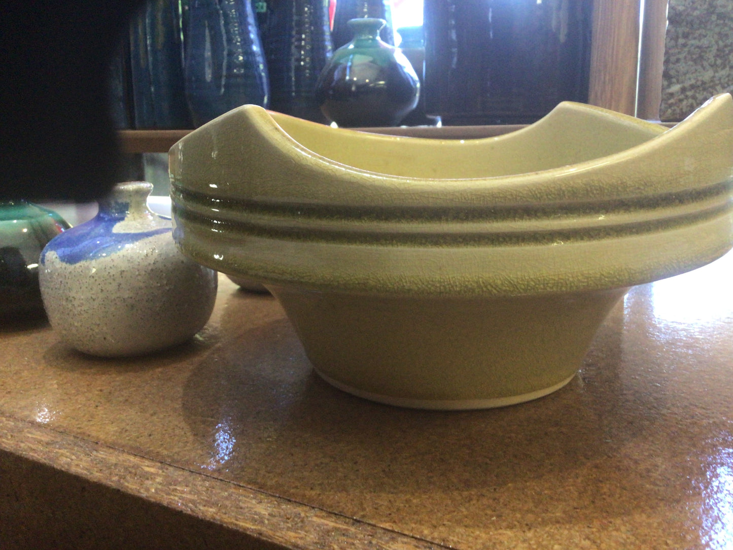 Vintage Ikebana Vase - raised yellow wave top with green glazed internal