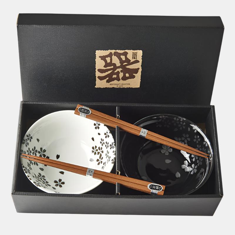 Bowl Set 2pcs with Chopsticks Silver Sakura Design - Made In Japan | Japanese Tableware