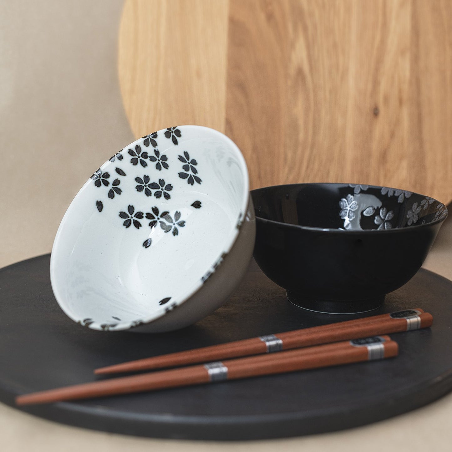 Bowl Set 2pcs with Chopsticks Silver Sakura Design - Made In Japan | Japanese Tableware