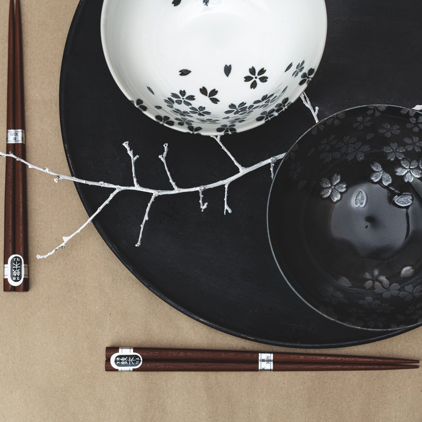 Bowl Set 2pcs with Chopsticks Silver Sakura Design - Made In Japan | Japanese Tableware