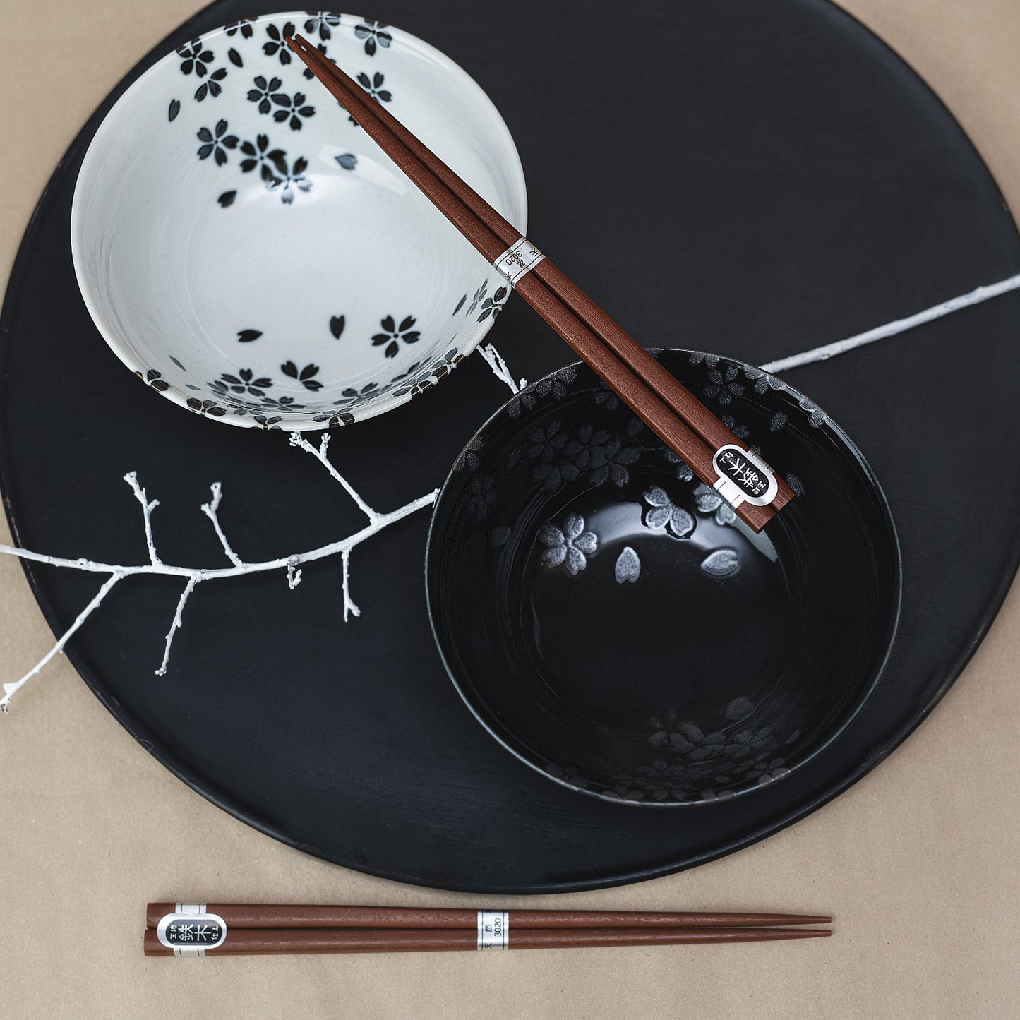 Bowl Set 2pcs with Chopsticks Silver Sakura Design - Made In Japan | Japanese Tableware