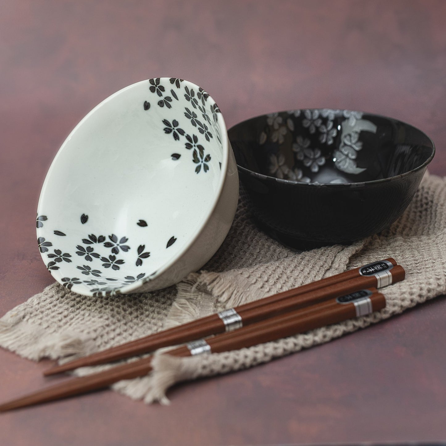 Bowl Set 2pcs with Chopsticks Silver Sakura Design - Made In Japan | Japanese Tableware