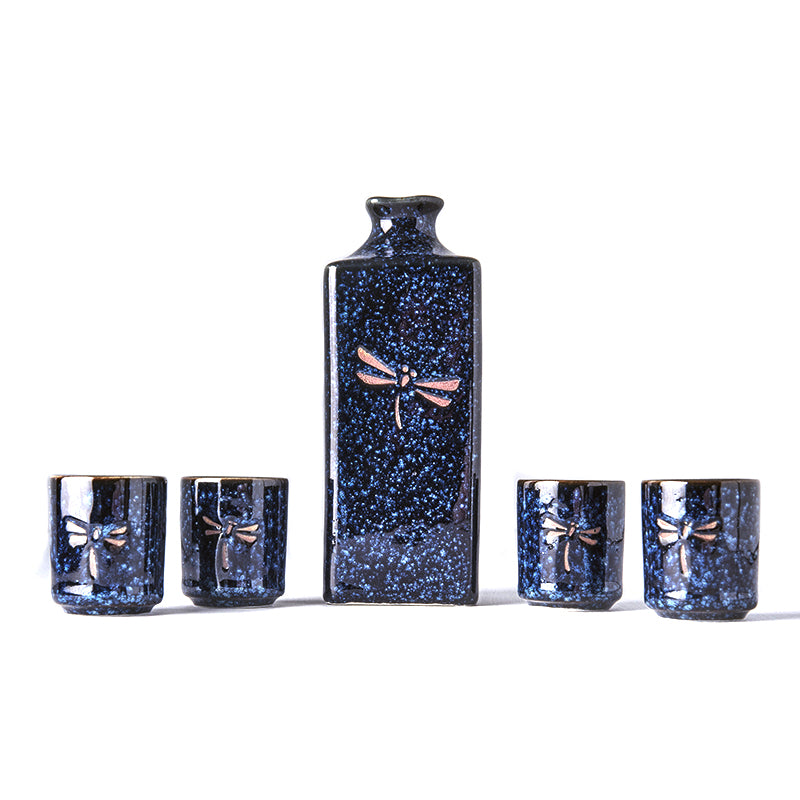 Sake Set 5pcs Dark Blue Dragonfly Design - Made In Japan | Japanese Tableware