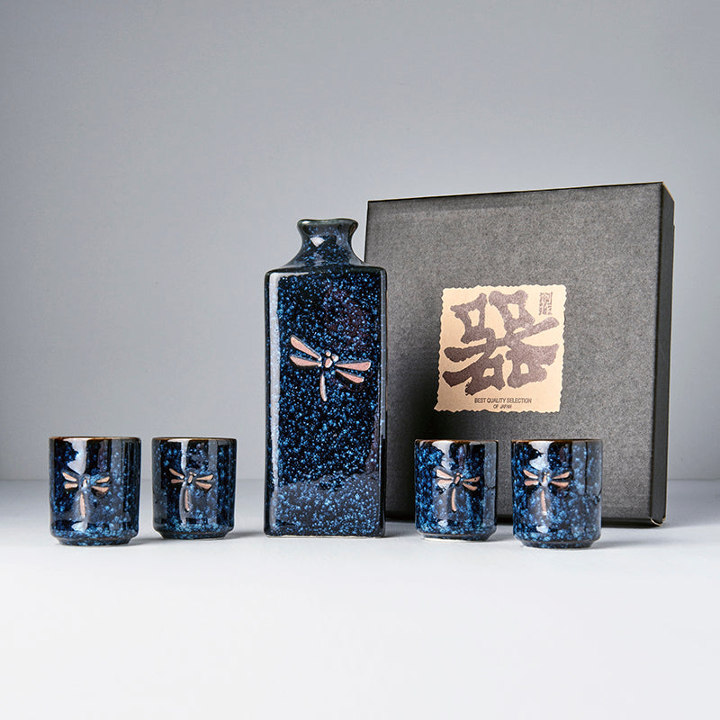 Sake Set 5pcs Dark Blue Dragonfly Design - Made In Japan | Japanese Tableware