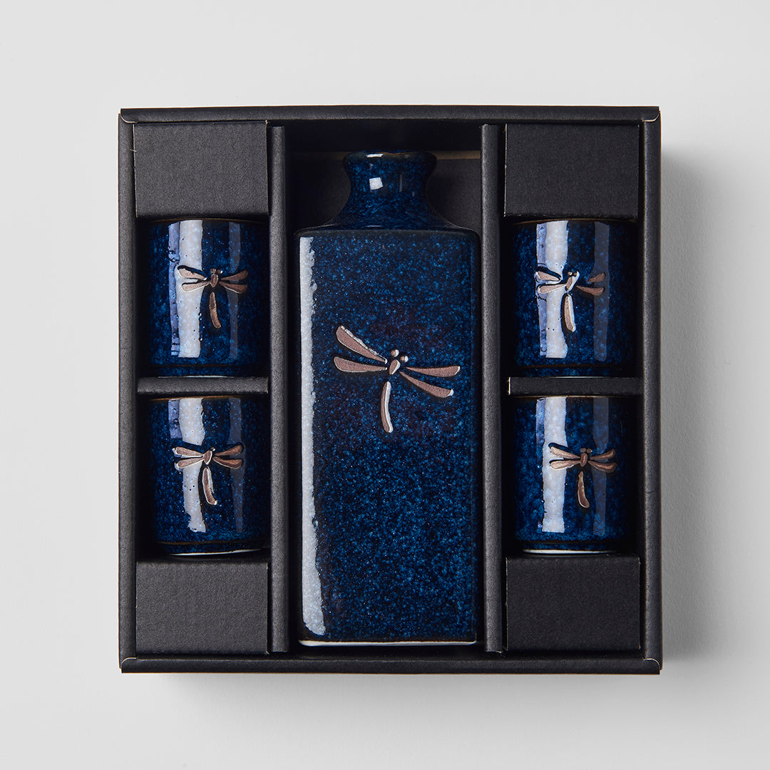 Sake Set 5pcs Dark Blue Dragonfly Design - Made In Japan | Japanese Tableware