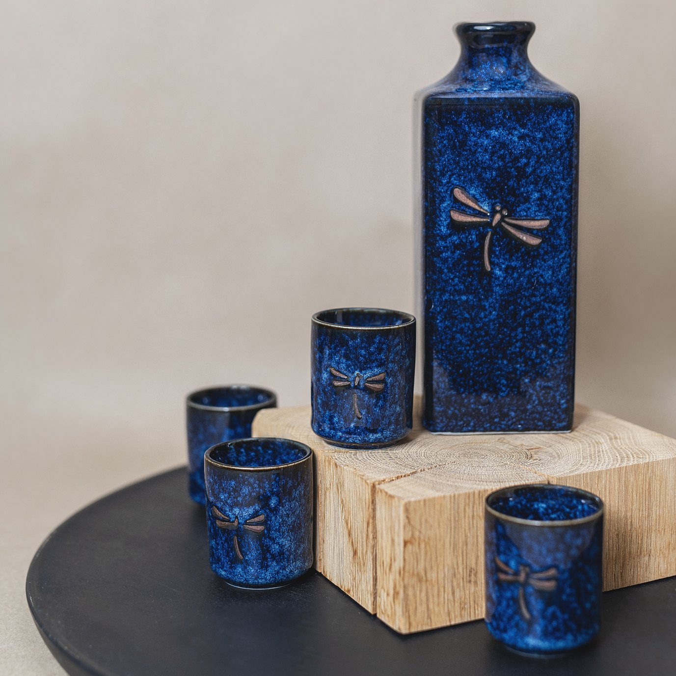 Sake Set 5pcs Dark Blue Dragonfly Design - Made In Japan | Japanese Tableware