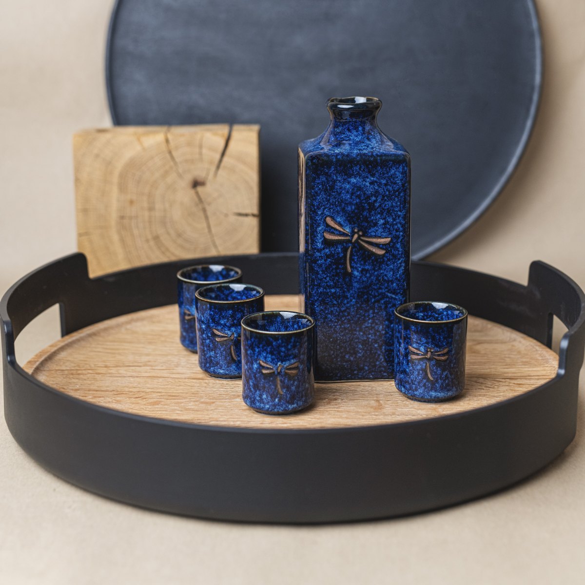 Sake Set 5pcs Dark Blue Dragonfly Design - Made In Japan | Japanese Tableware