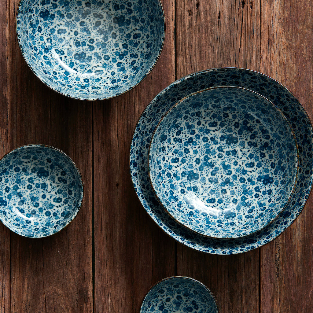 Pasta Bowl 21cm Blue Daisy Design - Made In Japan | Japanese Tableware