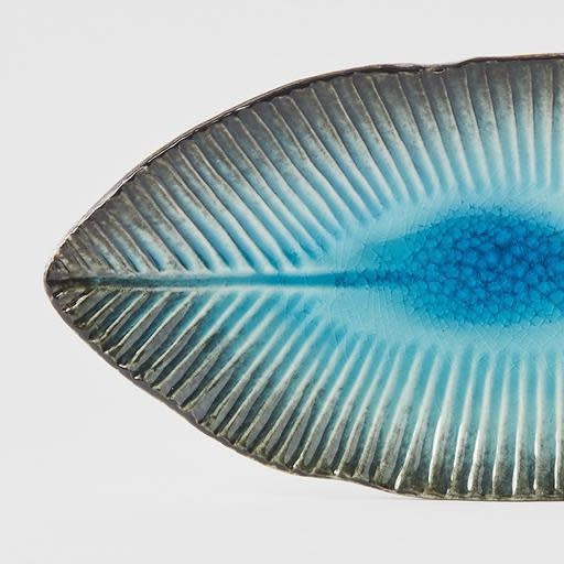 Oval Plate Leaf Shape 21cm Sky Blue Glaze