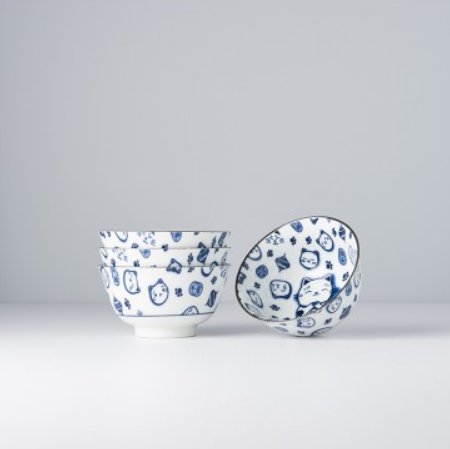 Bowl Set 4pcs Maneki Cat Blue Design - Made In Japan | Japanese Tableware