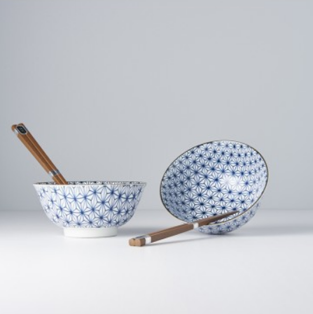 Bowl Set 2pcs with Chopsticks Starburst Blue Design - Made In Japan | Japanese Tableware
