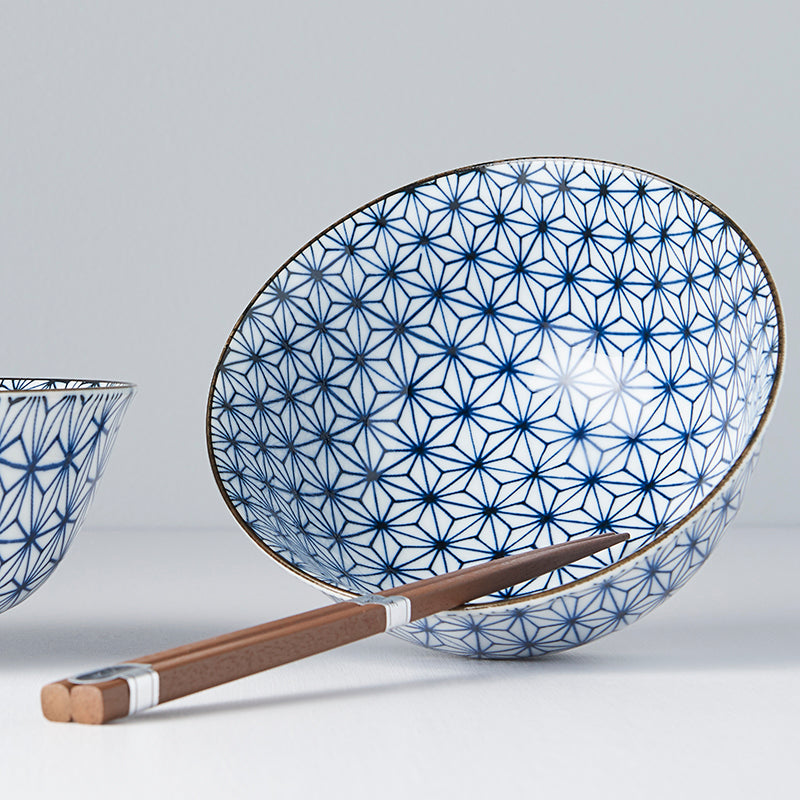 Bowl Set 2pcs with Chopsticks Starburst Blue Design - Made In Japan | Japanese Tableware