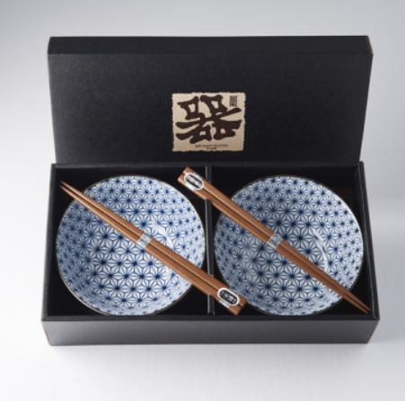 Bowl Set 2pcs with Chopsticks Starburst Blue Design - Made In Japan | Japanese Tableware