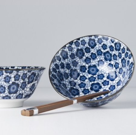 Bowl Set 2pcs with Chopsticks Blue Plum Design - Made In Japan | Japanese Tableware