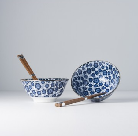 Bowl Set 2pcs with Chopsticks Blue Plum Design - Made In Japan | Japanese Tableware