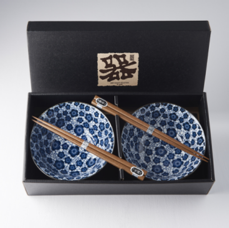 Bowl Set 2pcs with Chopsticks Blue Plum Design - Made In Japan | Japanese Tableware