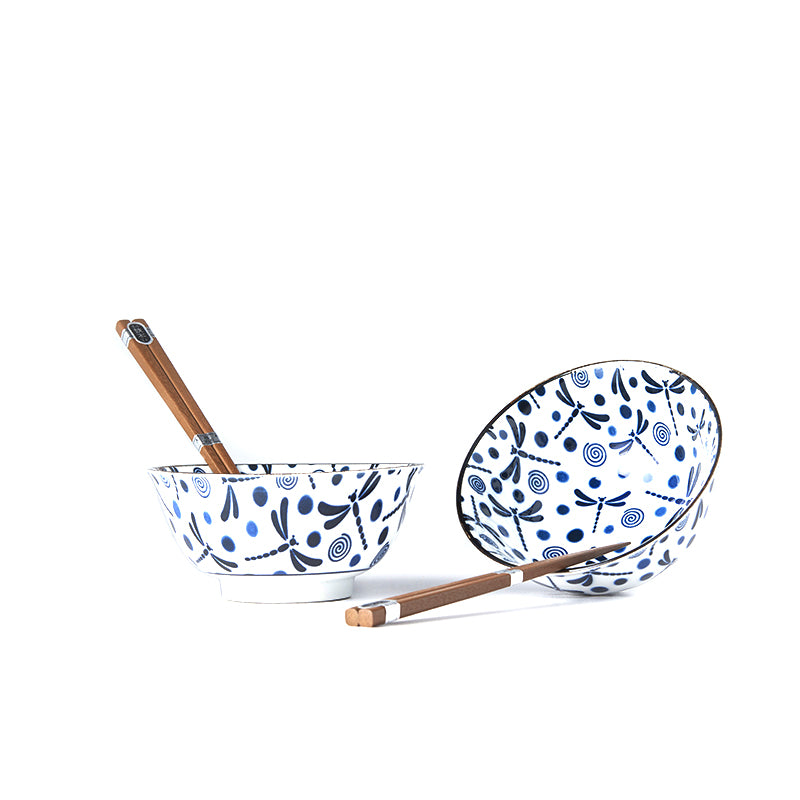 Bowl Set 2pcs with Chopsticks Blue Dragonfly Design - Made In Japan | Japanese Tableware