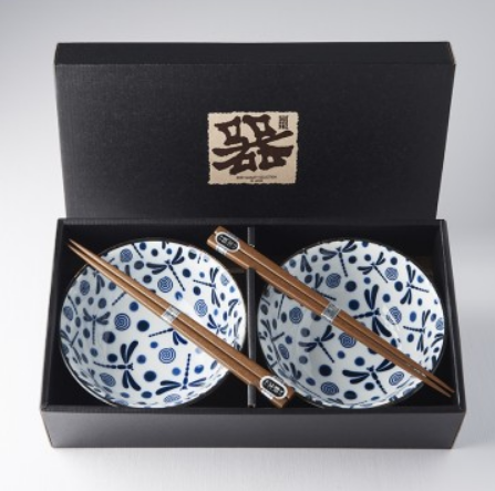 Bowl Set 2pcs with Chopsticks Blue Dragonfly Design - Made In Japan | Japanese Tableware