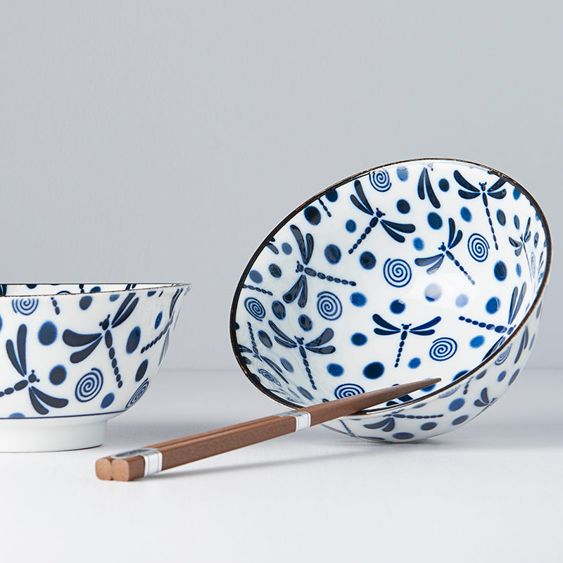 Bowl Set 2pcs with Chopsticks Blue Dragonfly Design - Made In Japan | Japanese Tableware