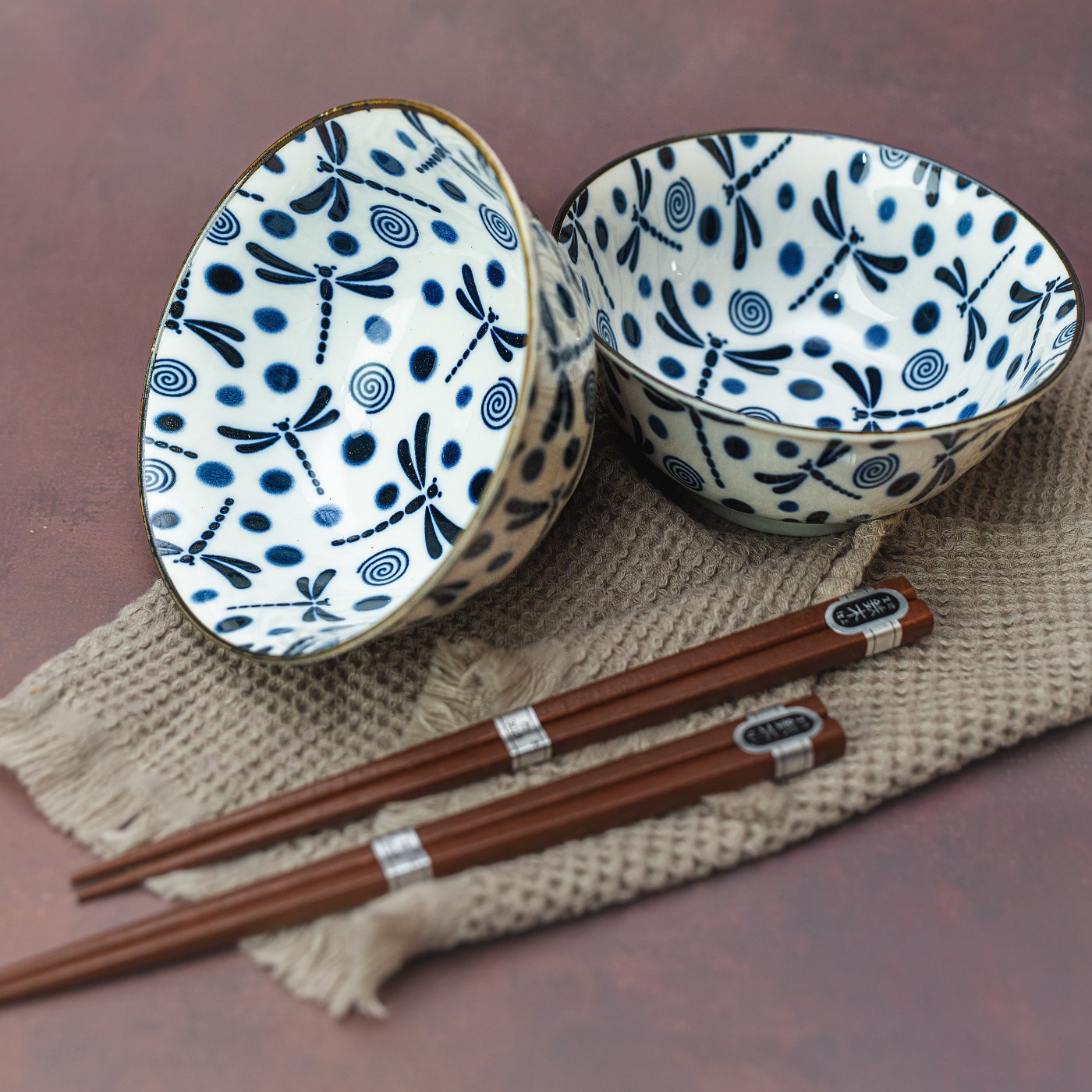 Bowl Set 2pcs with Chopsticks Blue Dragonfly Design - Made In Japan | Japanese Tableware