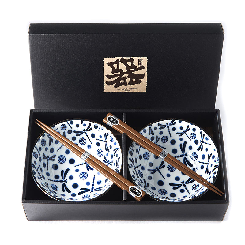 Bowl Set 2pcs with Chopsticks Blue Dragonfly Design - Made In Japan | Japanese Tableware