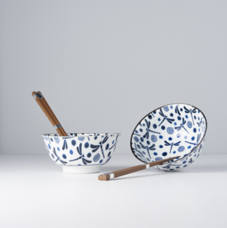 Bowl Set 2pcs with Chopsticks Blue Dragonfly Design - Made In Japan | Japanese Tableware