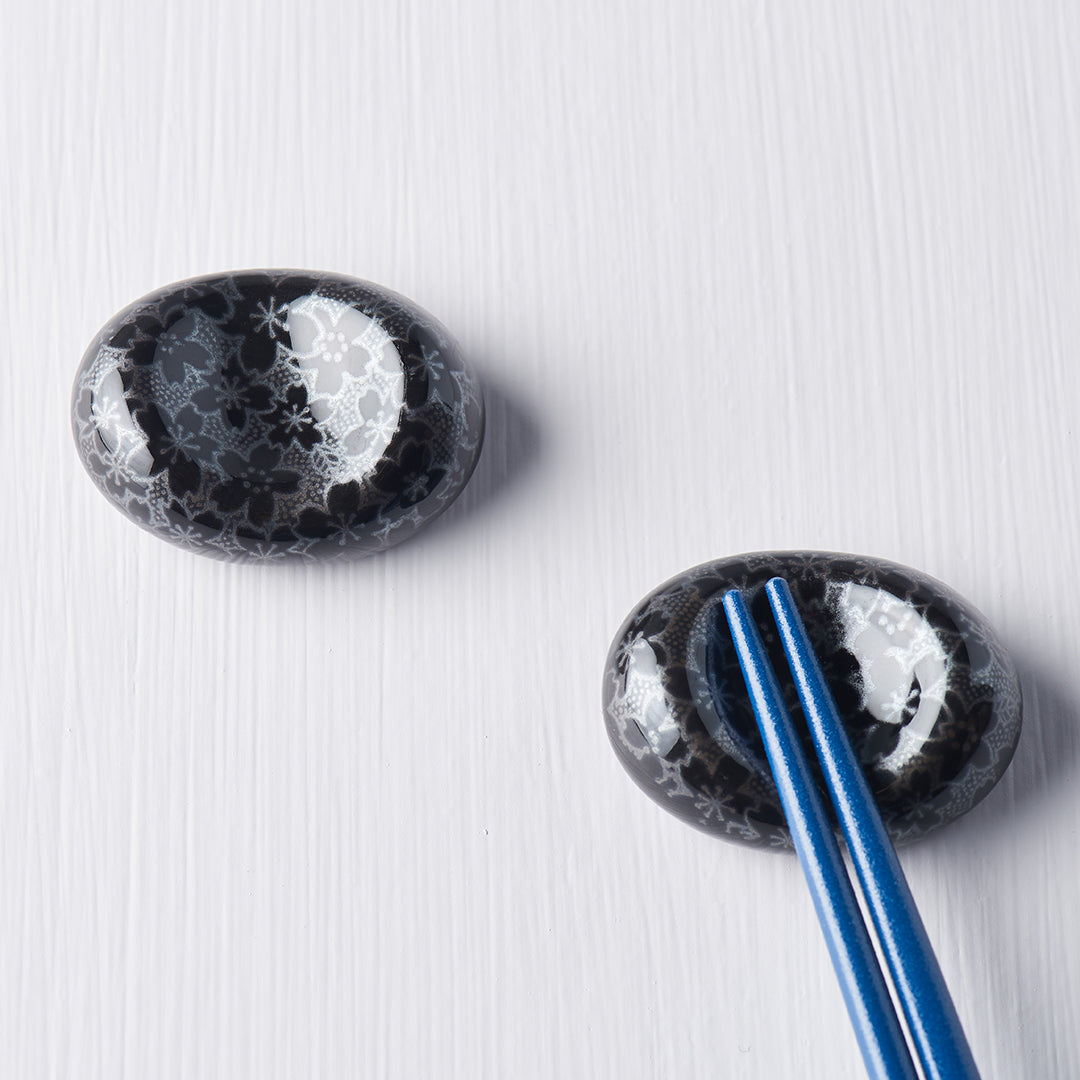 Chopstick Rest Pebble Black Sakura Design - Made In Japan | Japanese Tableware