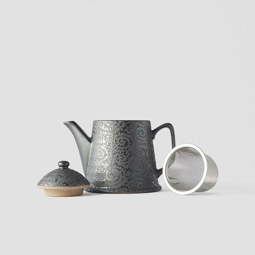 Teapot with Strainer 400ml Black Scroll Glaze - Made In Japan | Japanese Tableware