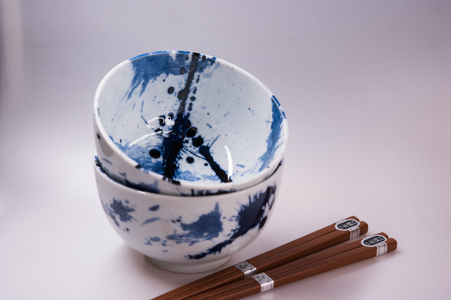 Bowl Set 2pcs with Chopsticks Blue White Splash Design - Made In Japan | Japanese Tableware