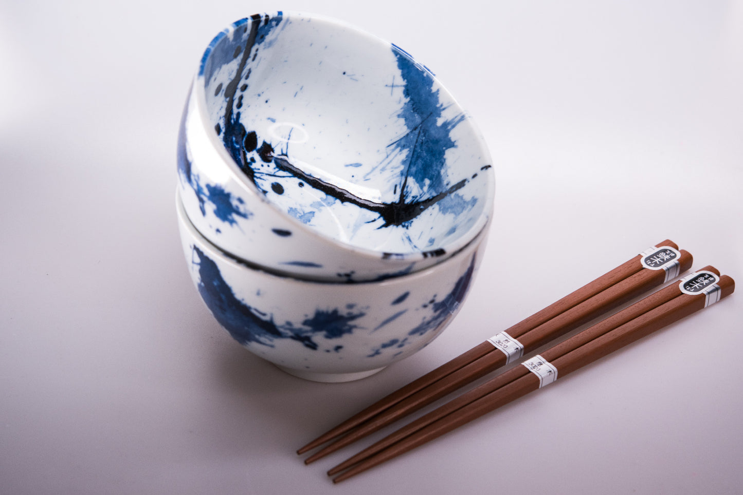 Bowl Set 2pcs with Chopsticks Blue White Splash Design - Made In Japan | Japanese Tableware