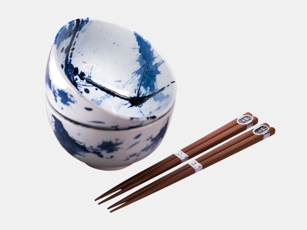Bowl Set 2pcs with Chopsticks Blue White Splash Design - Made In Japan | Japanese Tableware