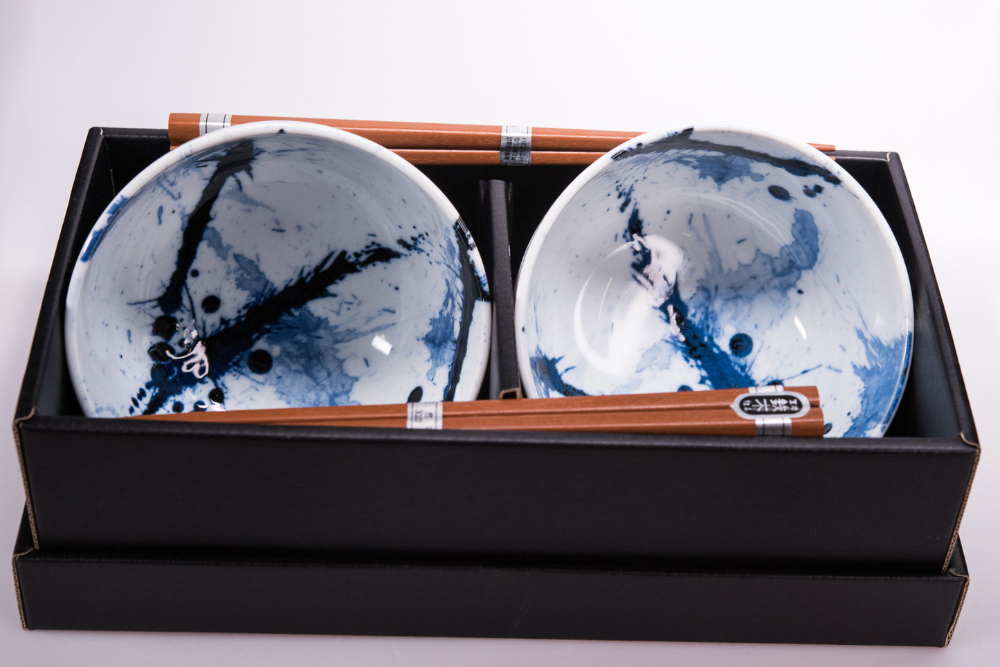Bowl Set 2pcs with Chopsticks Blue White Splash Design - Made In Japan | Japanese Tableware