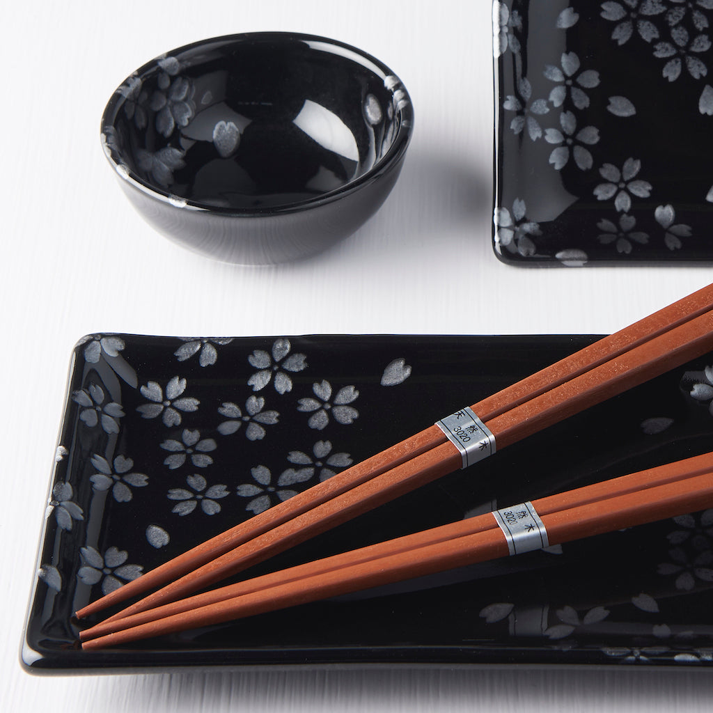Sushi Set 4 pcs with Chopsticks Black Sakura Design - Made In Japan | Japanese Tableware