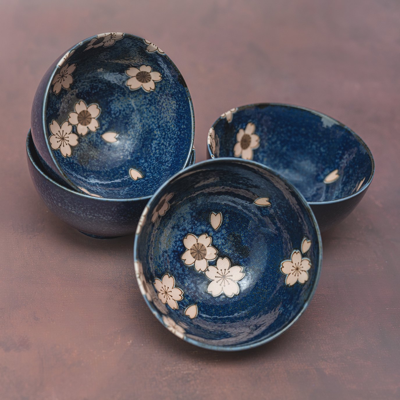 Bowl Set 4pcs Navy Pink Sakura Design
