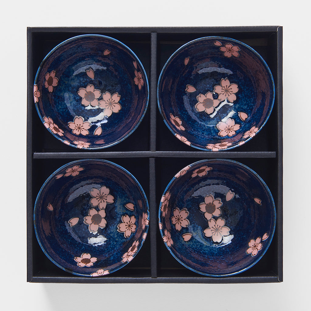 Bowl Set 4pcs Navy Pink Sakura Design