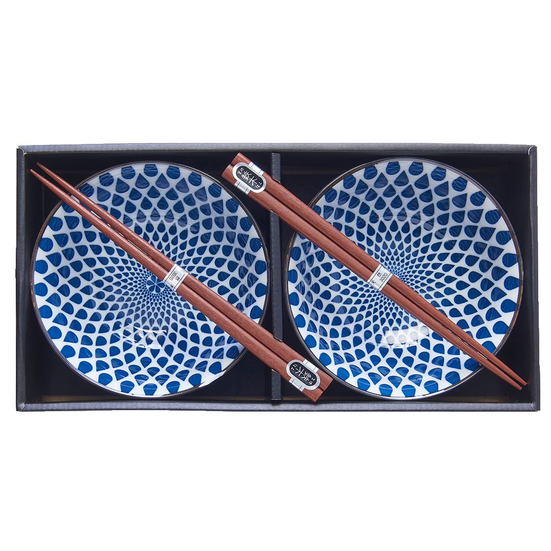 Bowl Set 2pcs with Chopsticks White Blue Teardrops Design