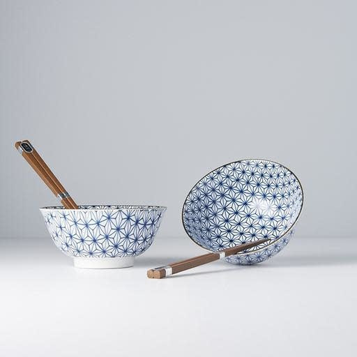 Bowl Set 2pcs with Chopsticks Starburst Blue Design - Made In Japan | Japanese Tableware