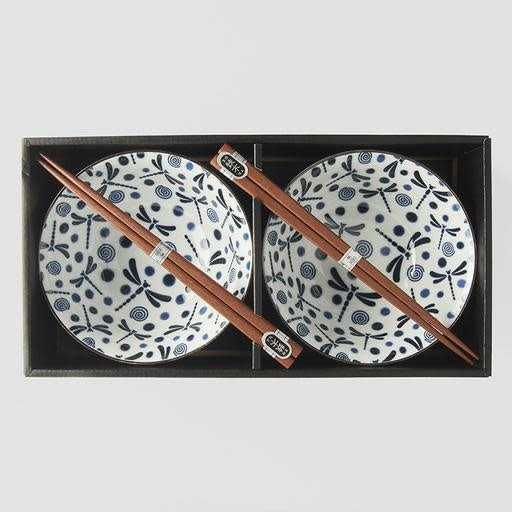Bowl Set 2pcs with Chopsticks Blue Dragonfly Design - Made In Japan | Japanese Tableware