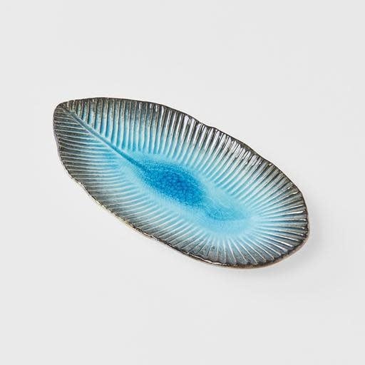 Oval Plate Leaf Shape 21cm Sky Blue Glaze