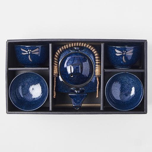 Tea Set with Strainer 5pcs Dark Blue Dragonfly Design