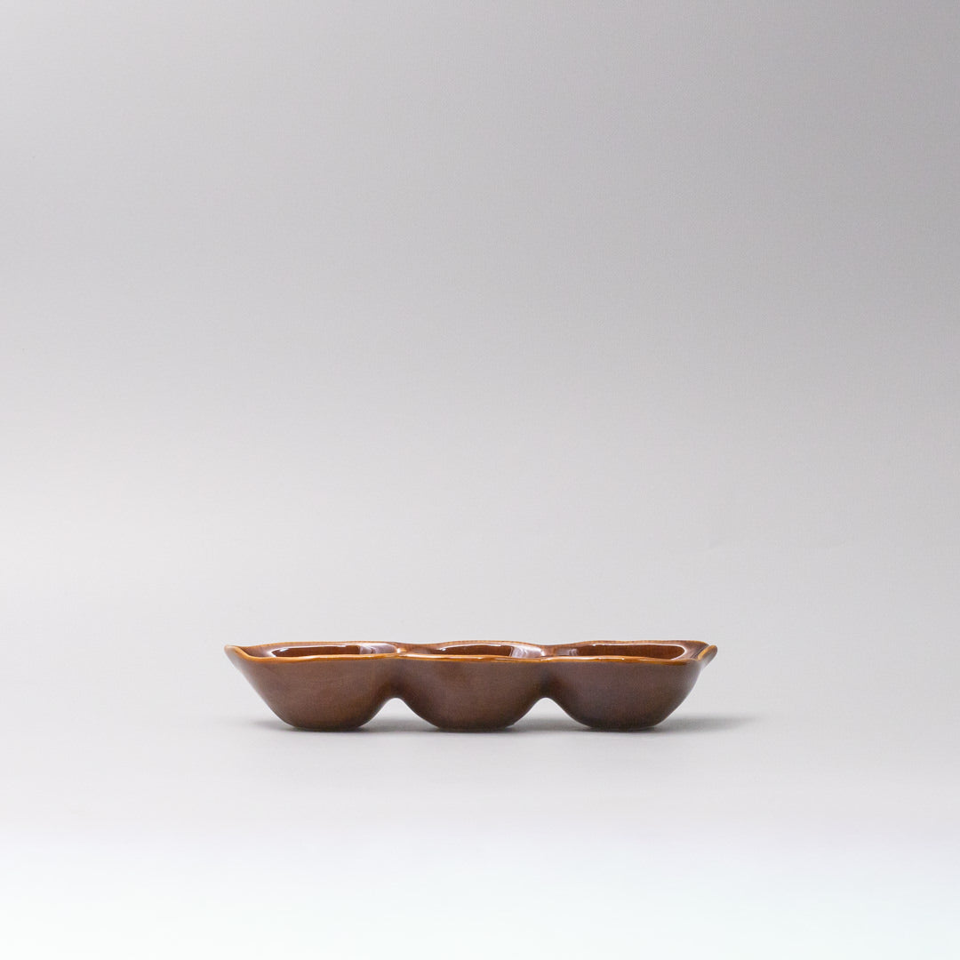 Japanese ceramic 20cm edamame pod triple dish for sauces and condiments - side