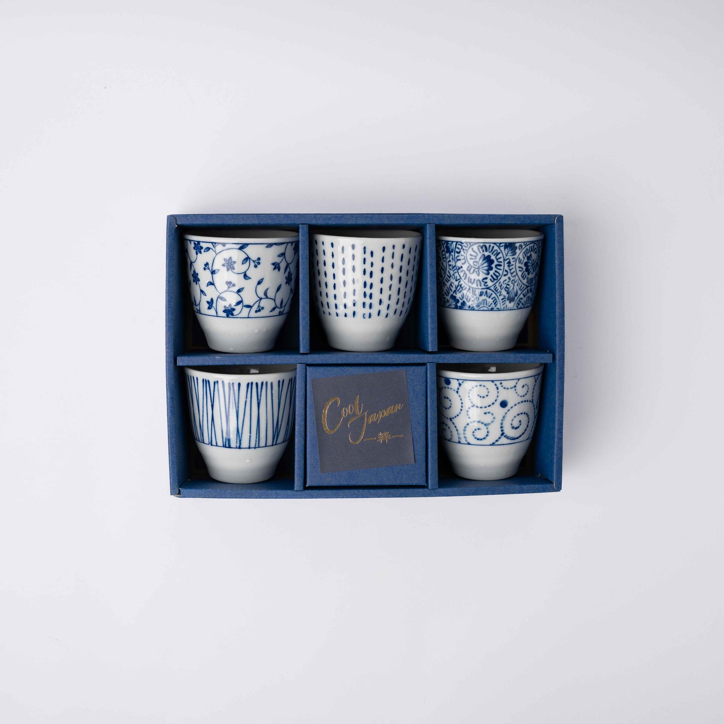 Gift Set Five Cups / Indigo & White Designs / 8D x 7.5H