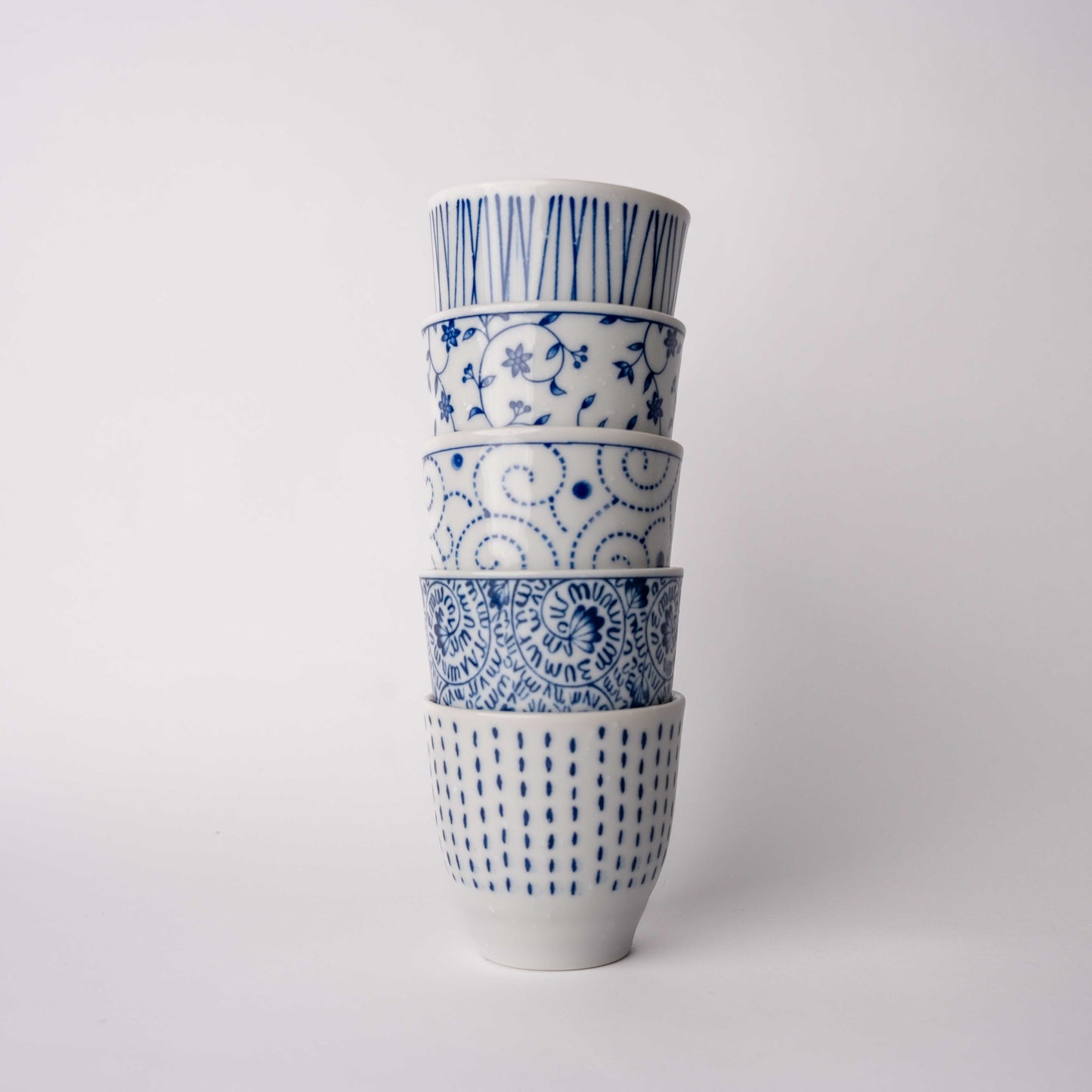 Gift Set Five Cups / Indigo & White Designs / 8D x 7.5H