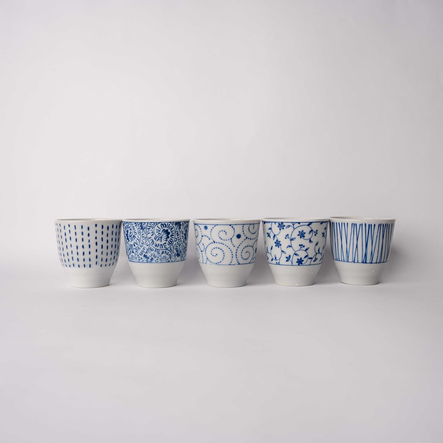 Gift Set Five Cups / Indigo & White Designs / 8D x 7.5H
