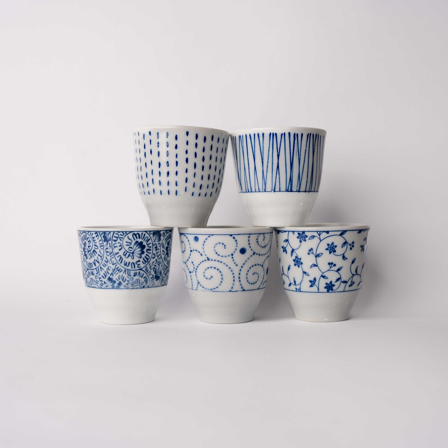 Gift Set Five Cups / Indigo & White Designs / 8D x 7.5H