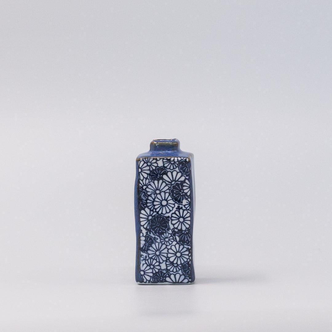 Vase Oblong Indigo Chrysanthemum