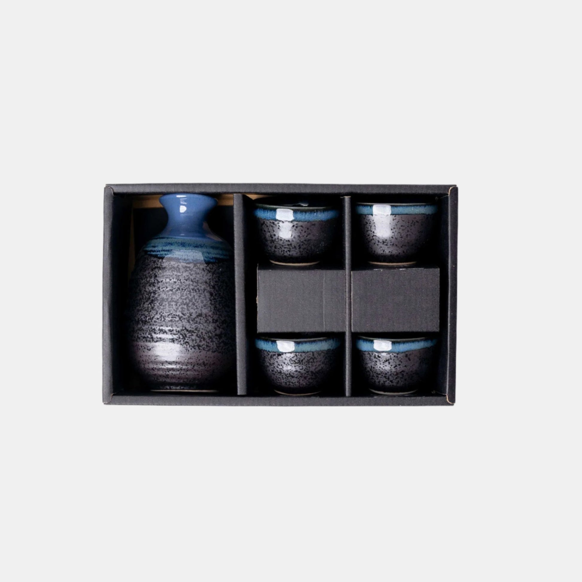 Sake Set for Four 280ml Black Bright Blue Drip Glaze