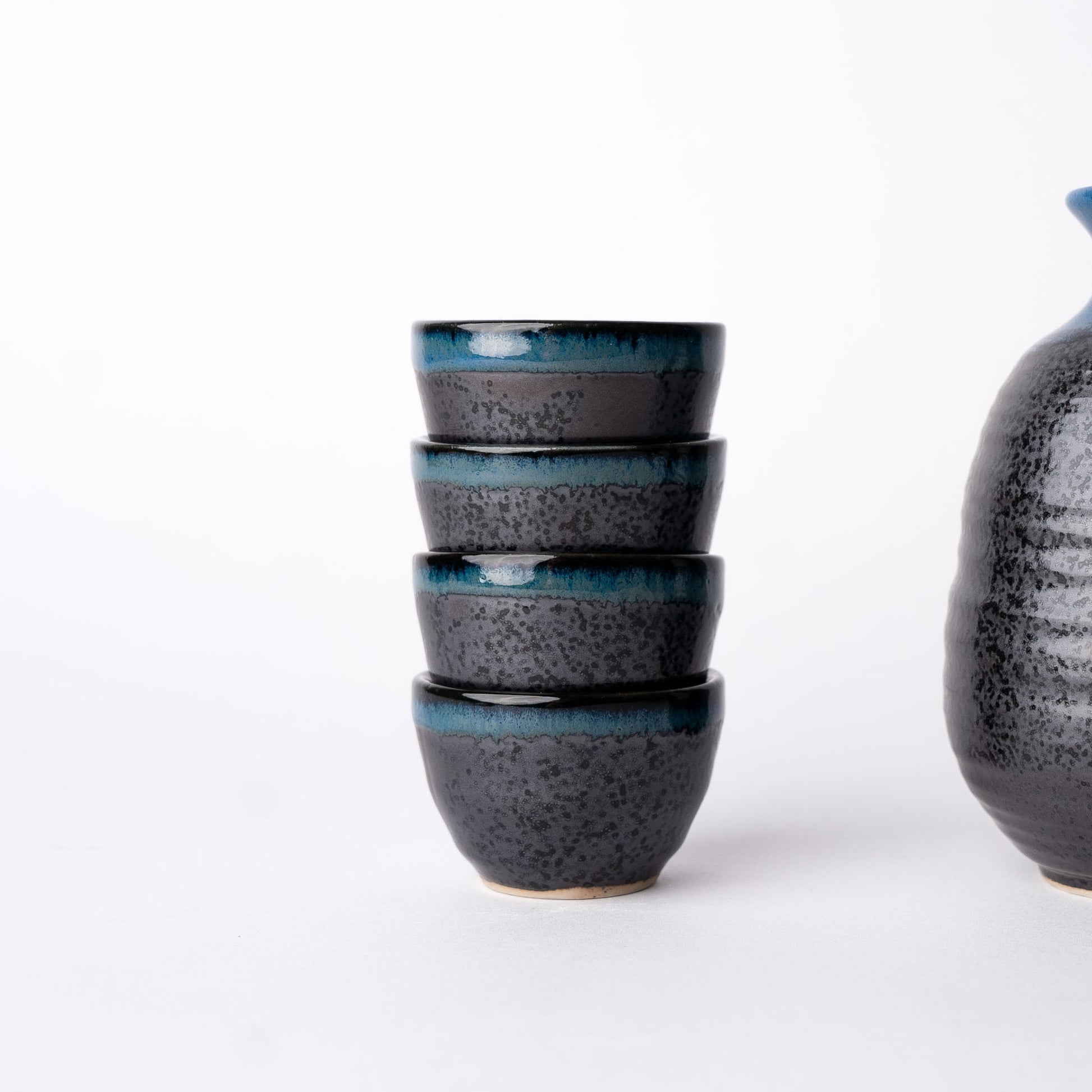 Sake Set for Four 280ml Black Bright Blue Drip Glaze