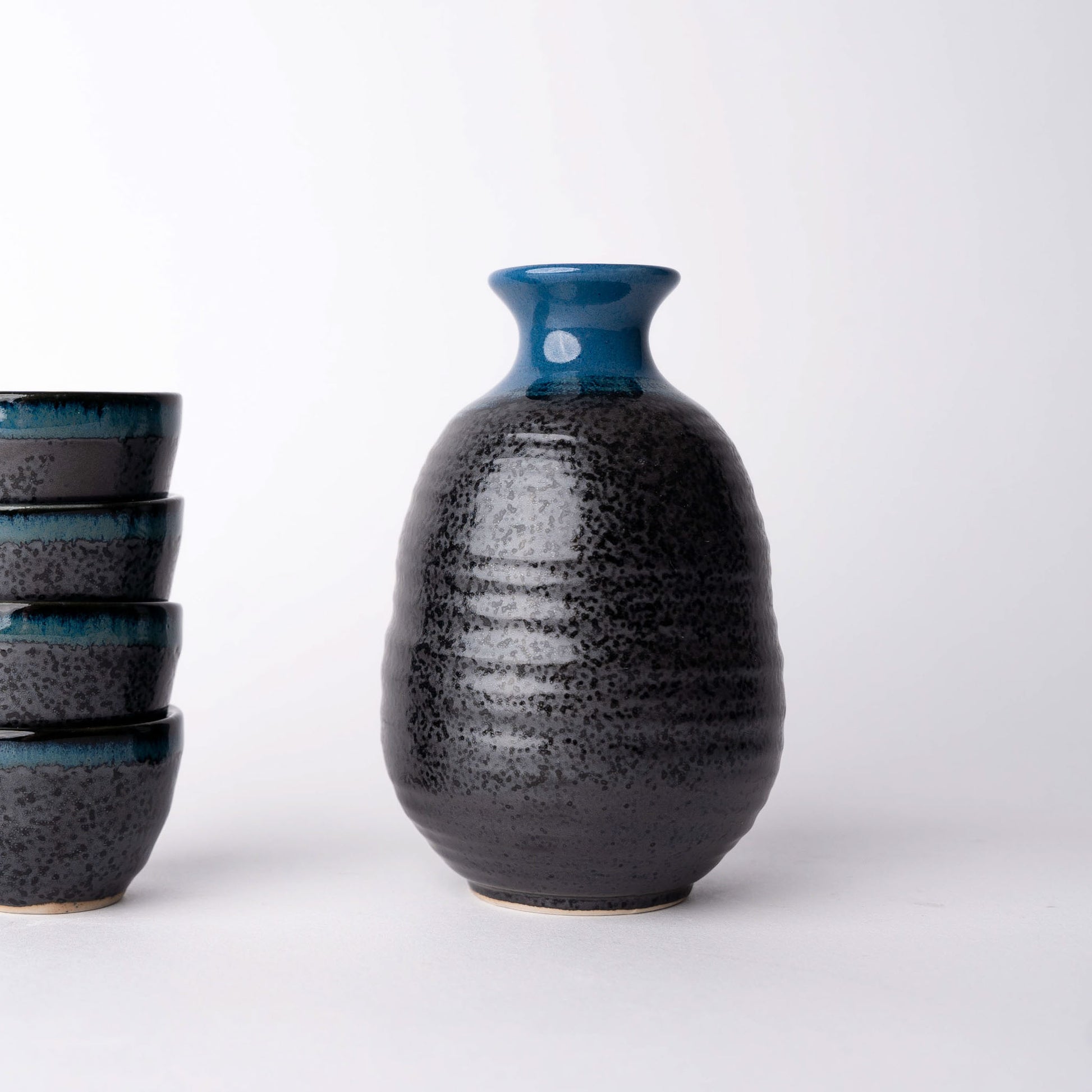 Sake Set for Four 280ml Black Bright Blue Drip Glaze